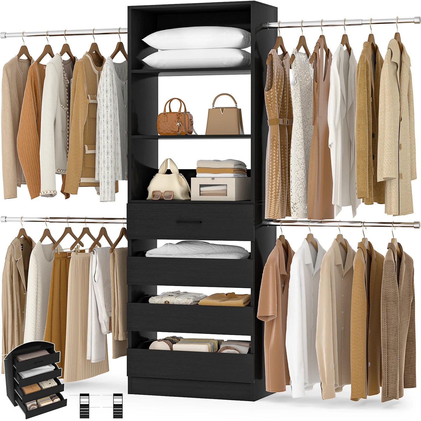 Aheaplus Wooden Closet Organizer With Drawers And Hanging Rods