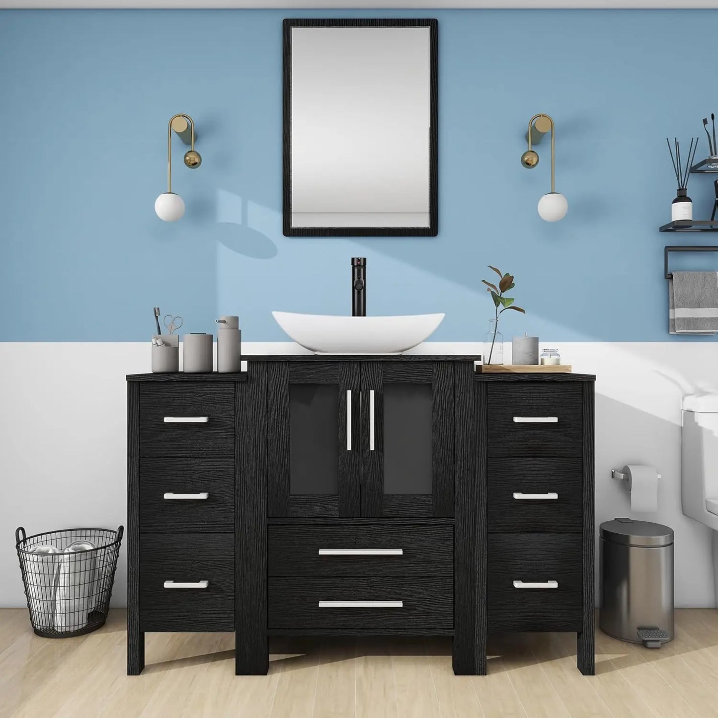 Modern Bathroom Vanity With Vessel Sink And Storage Cabinets