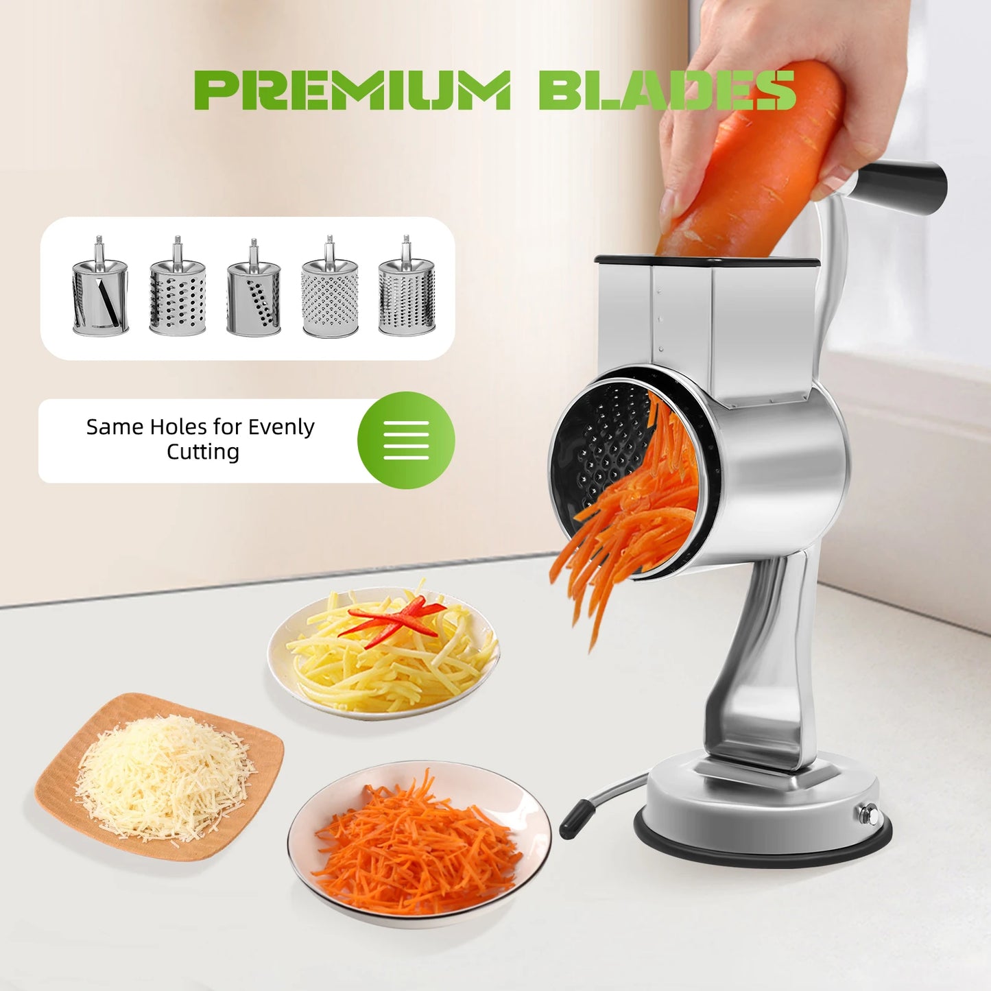 Rotary Grater With 5 Blades Stainless Steel Manual Grinder