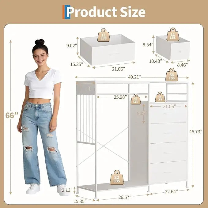 HiMISS Bedroom Wardrobe Six Drawers LED Lighting And Charging Station