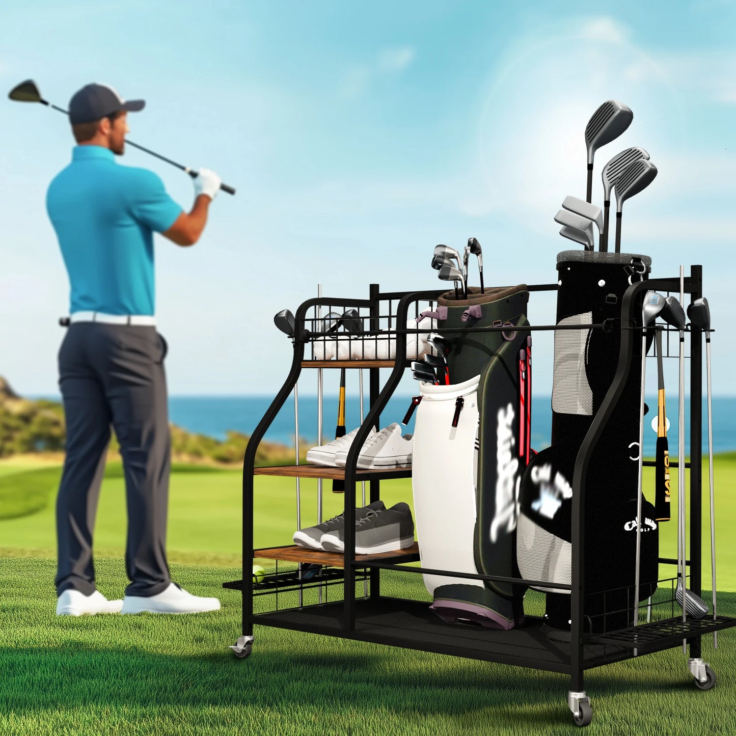 Multifunctional Metal Rolling Golf Bag Storage Shelf With Wheels