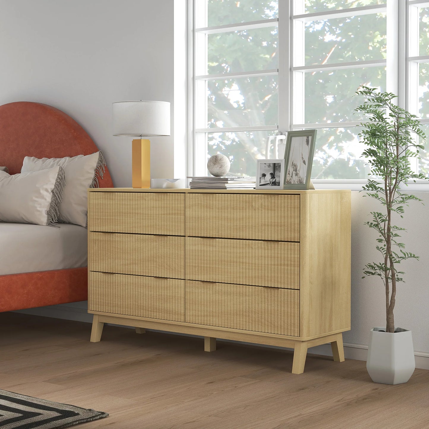 Fluted Modern Bedroom Dresser With Six Wooden Storage Drawers
