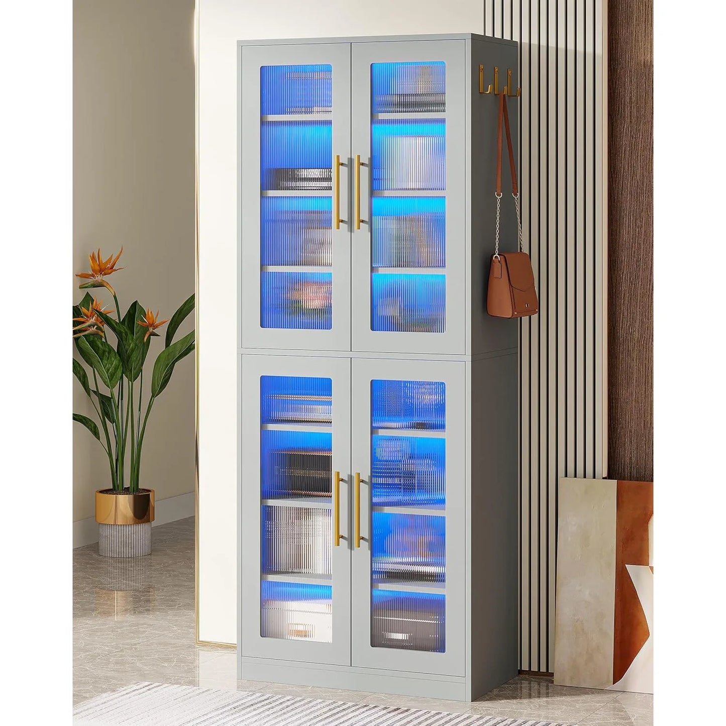 Little Tree Bookcase With Doors And LED Light 8-Tier Shelves