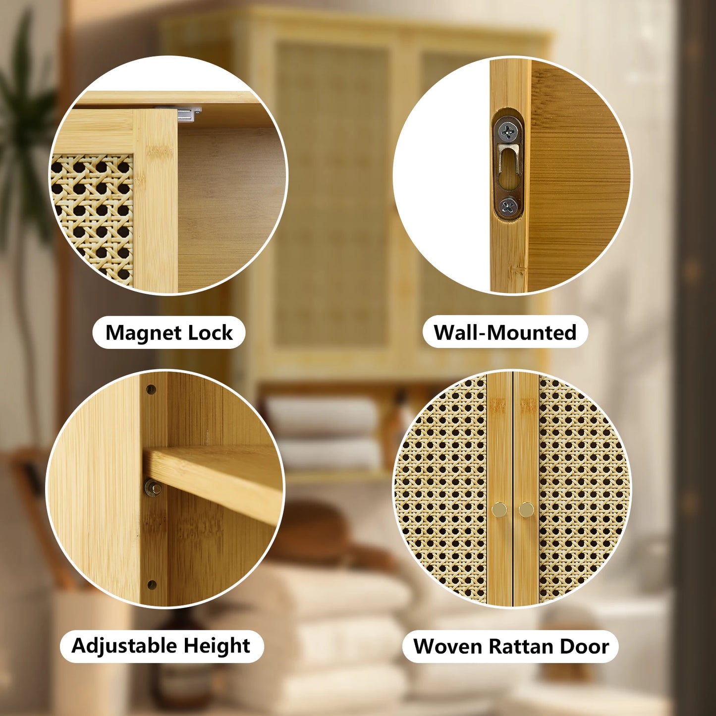 Solid Bamboo Wall Mounted Cabinet With Magnetic Doors