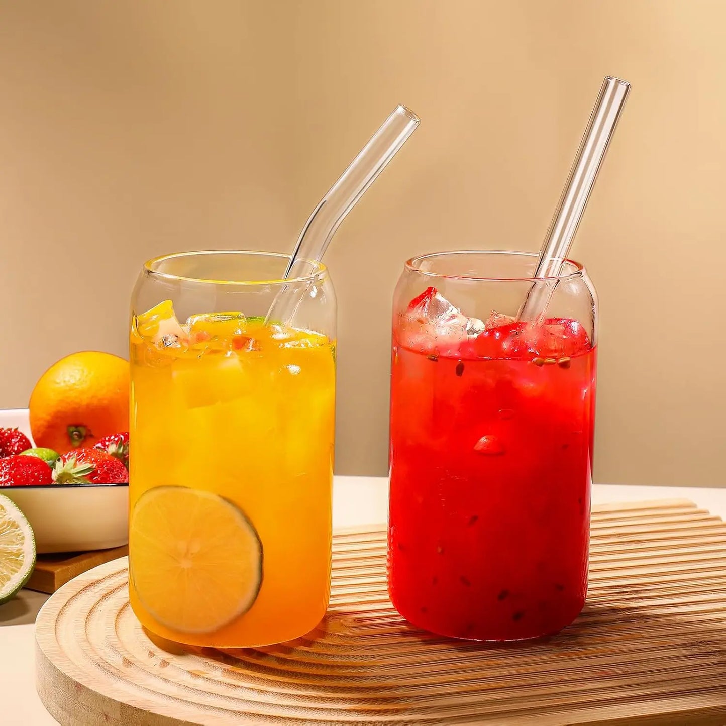 4Pcs 18.6Oz Glasses With Bamboo Lids And Glass Straws