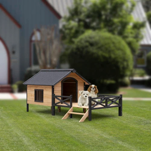 Wooden Dog House With Porch And Protective Fence Waterproof Tile Roof