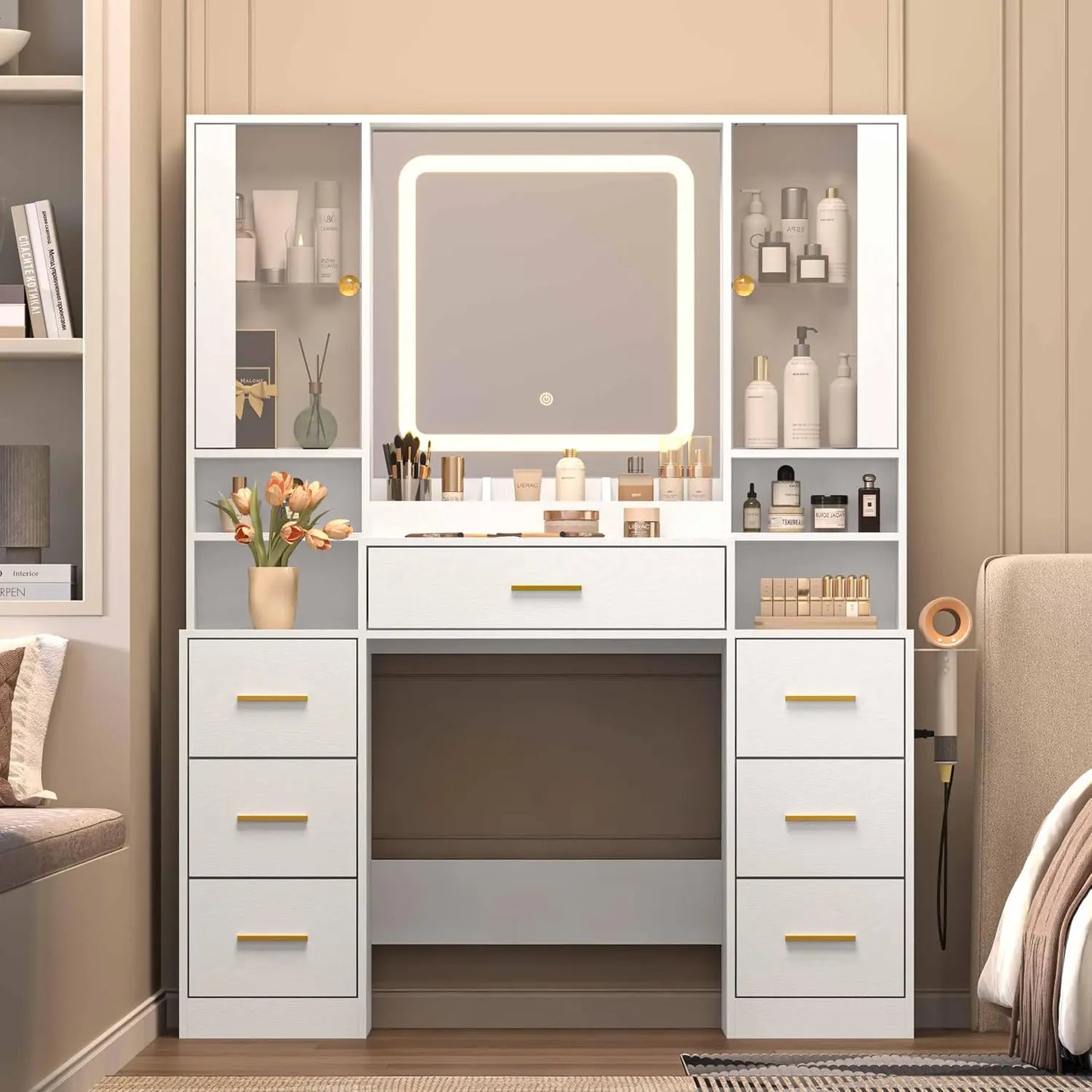 Modern Vanity Desk With Lighted Mirror 7 Drawers Glass Cabinet