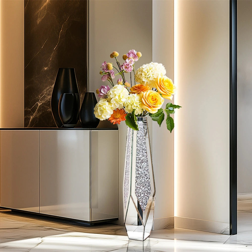 Crushed Diamond Mirrored Floor Vase With Glass Crystal Accents