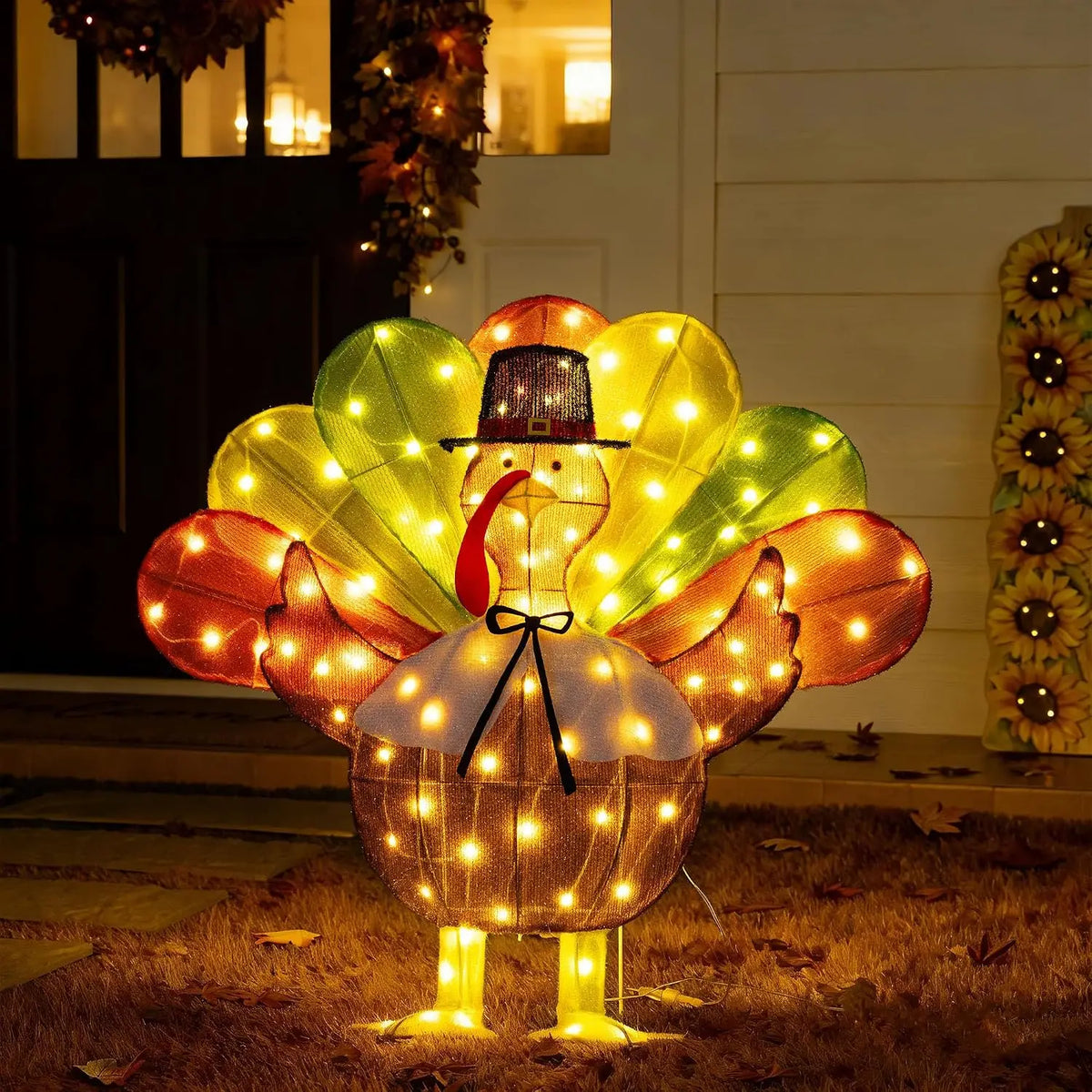 SHXI LED Thanksgiving Turkey Ornament Display Featuring Pilgrim Hat Details