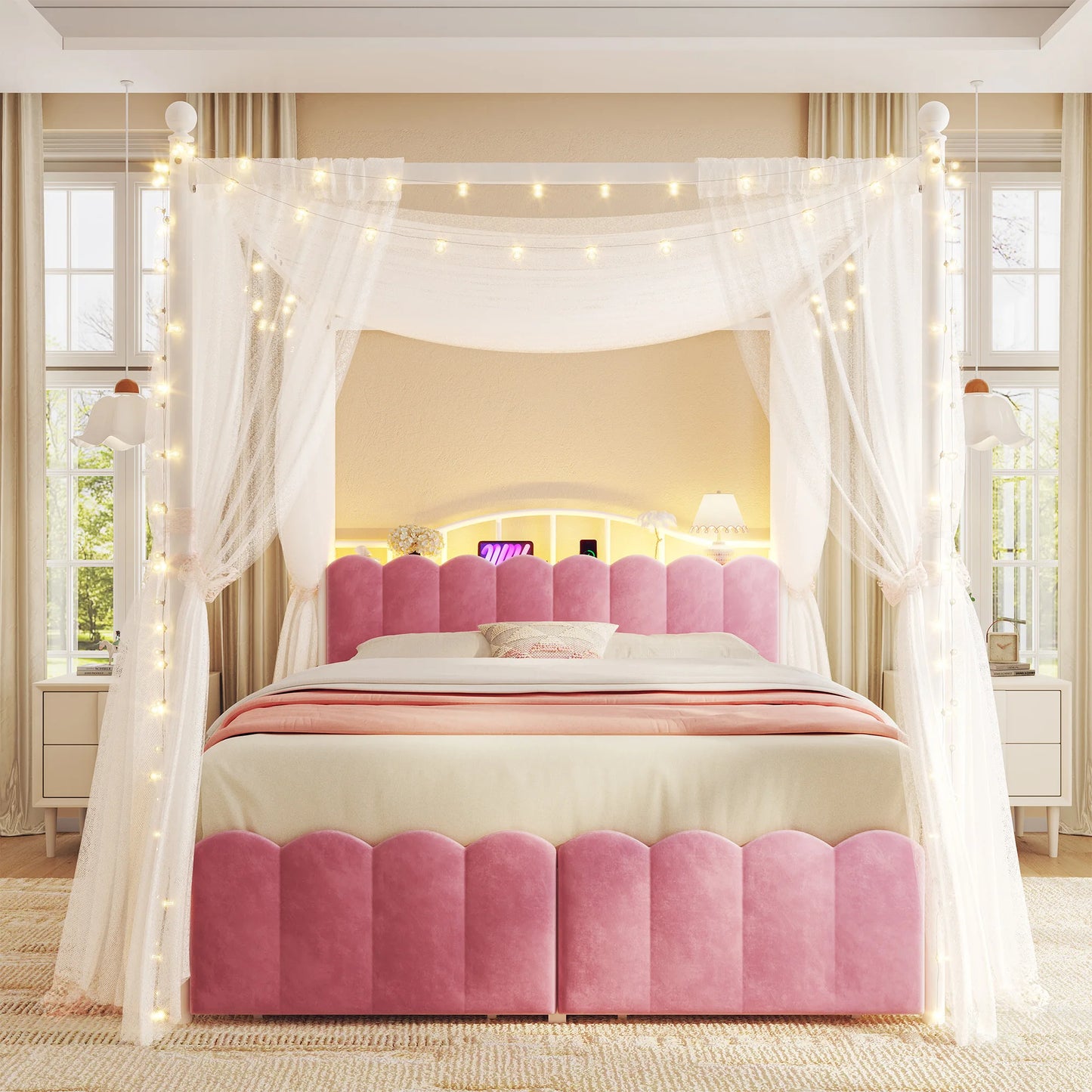 EnHomee Canopy Bed Frame With Storage Headboard And Charging Station