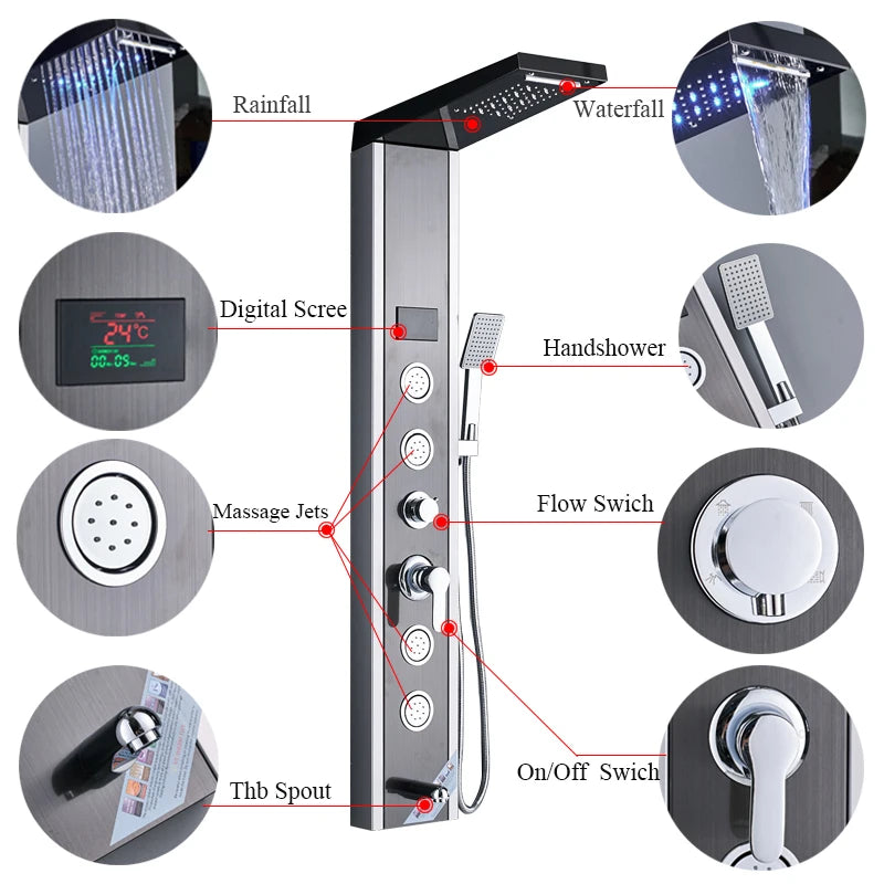 Luxury LED Shower Panel SPA Massage Jet Shower Faucet Bathroom Waterfall Rain Shower Column System Faucet Bathoom