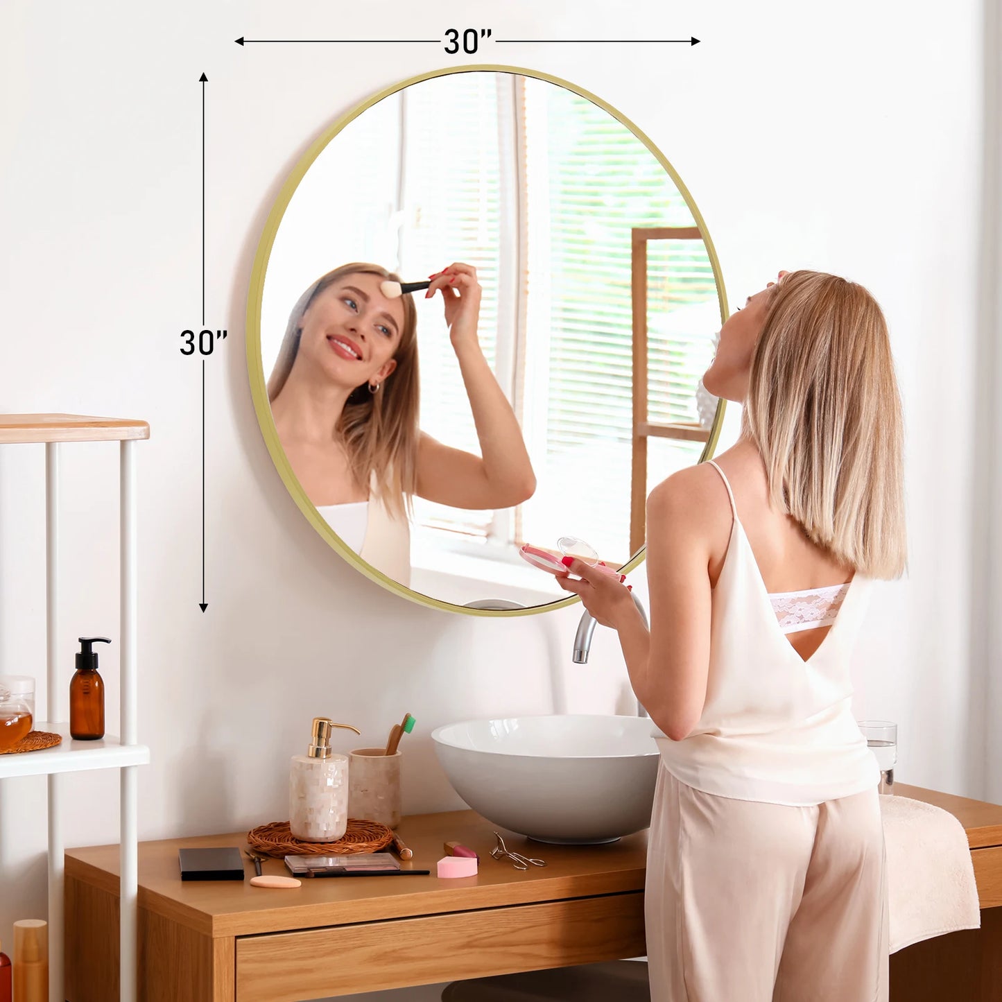 JHK 30 Inch Large Gold Round Vanity Framed Mirror for Wall Matte Metal Framed Modern Mirror Tempered Glass Bedroom Living Room