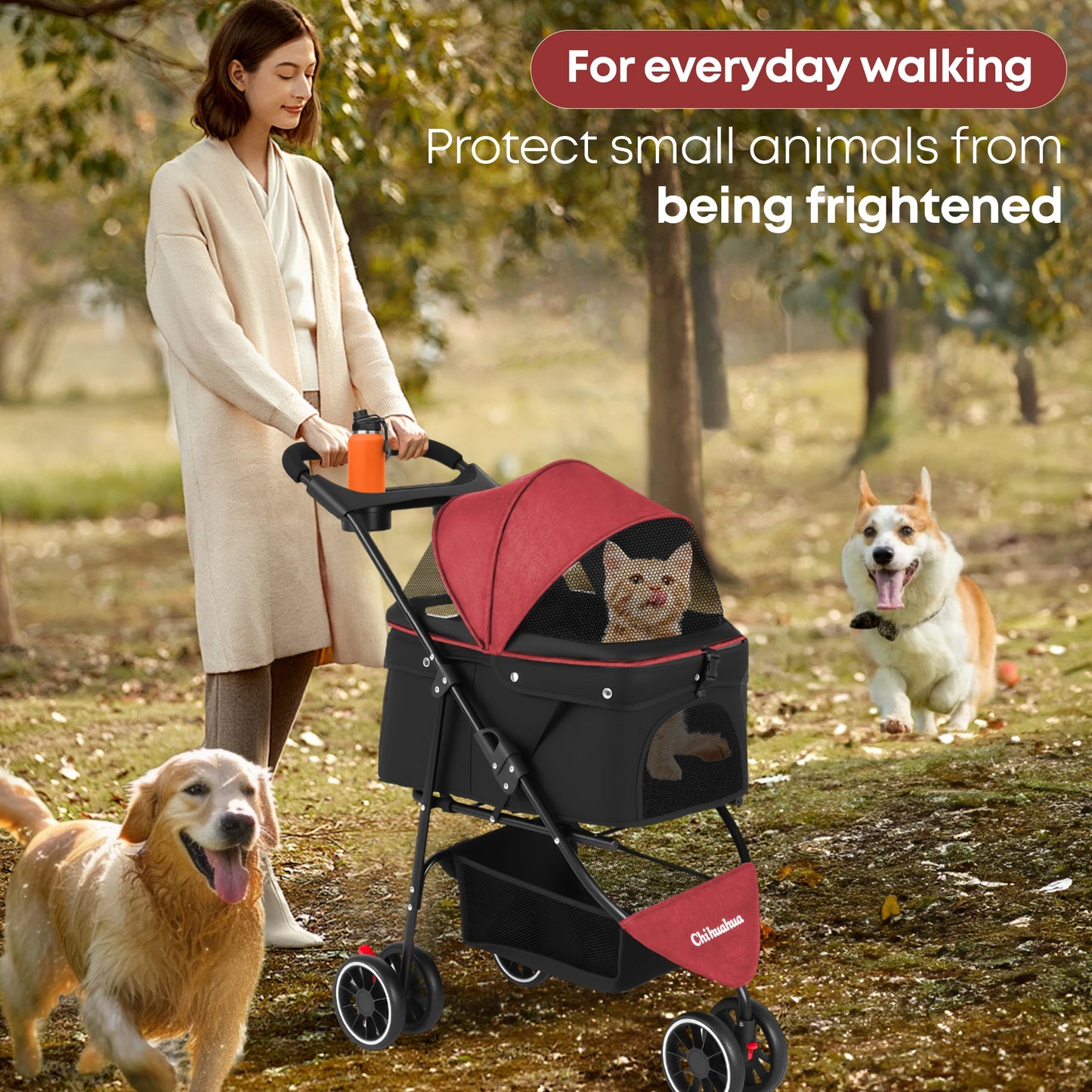 CHIHUAHUA Pet Stroller For Cats And Dogs Foldable Three Wheels Breathable Canopy