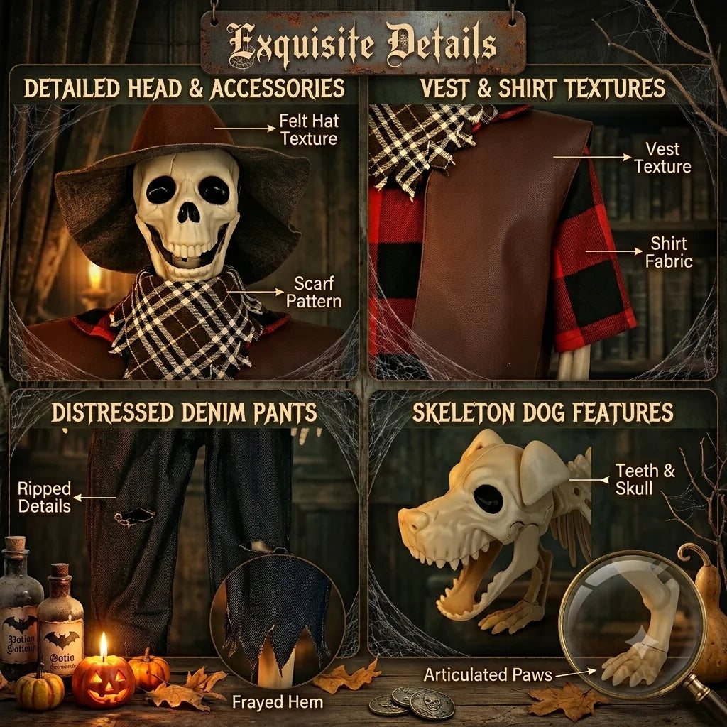 Western Cowboy Posable Skeleton Dog Set Halloween Outdoor Yard Decor