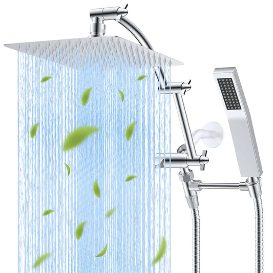 Hibbent All Metal Rainfall Shower Head Set With Square Design Arm And Hose
