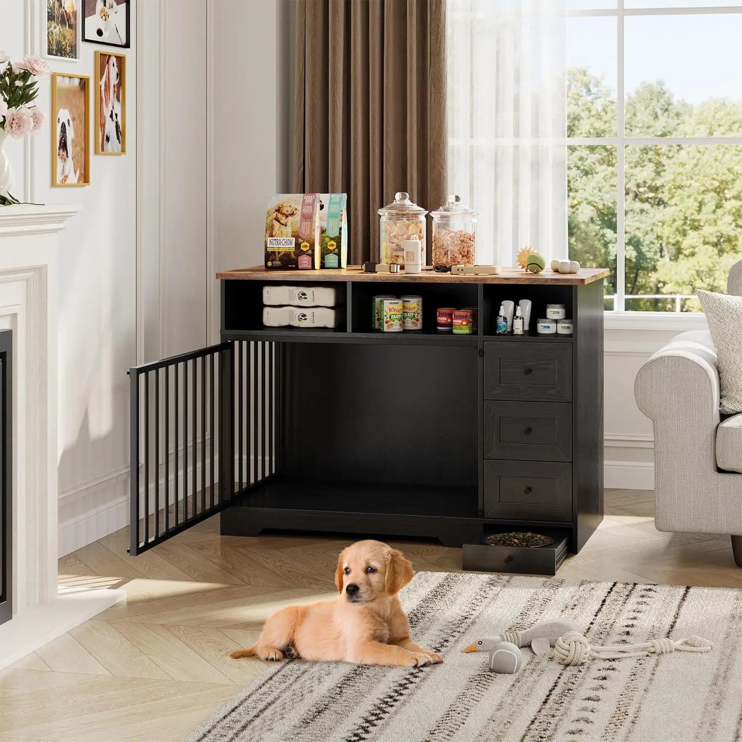 HiMISS Dog Crate Furniture With Bowl And Storage Drawers