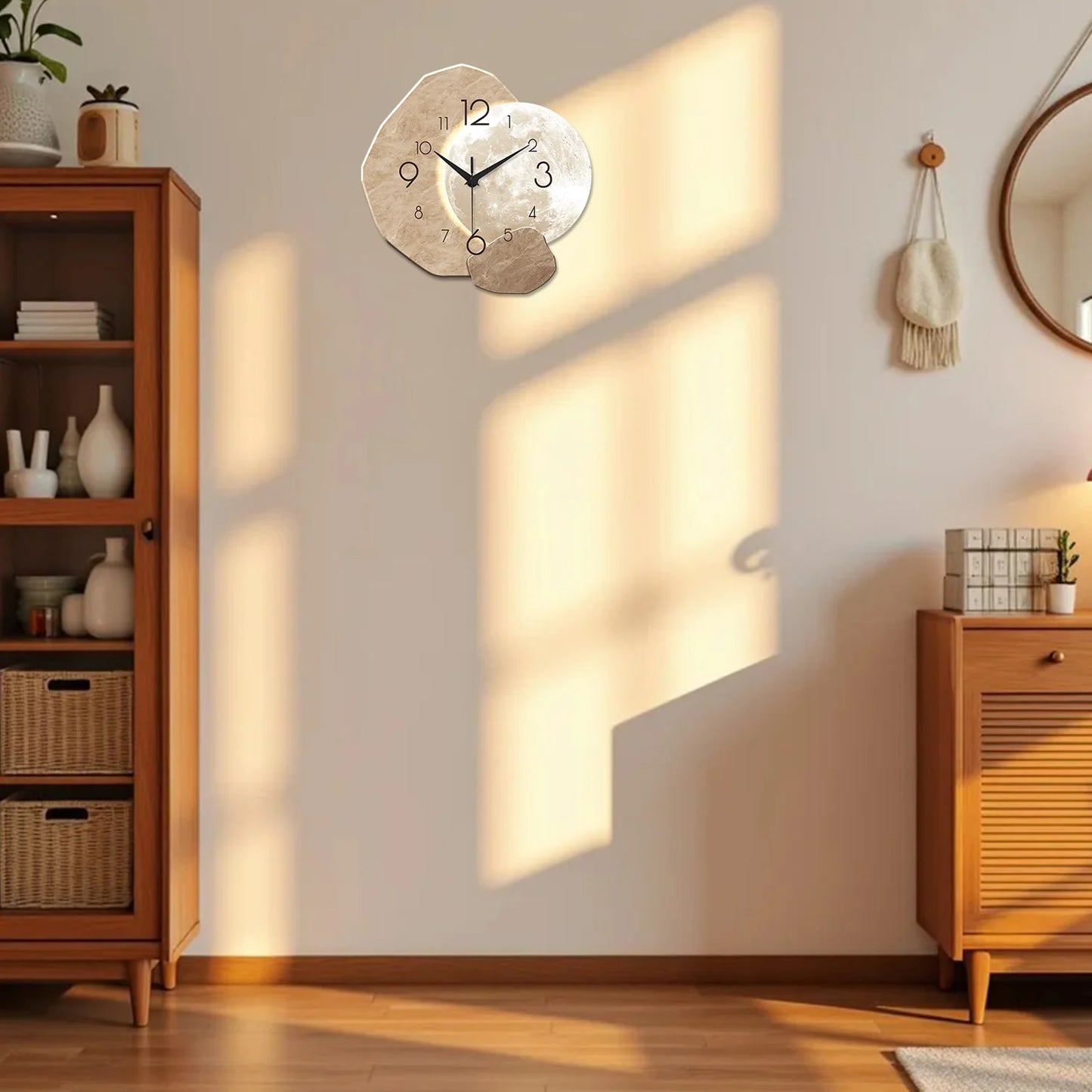 Modern Silent Moon Design Wooden Wall Clock With Quartz Movement