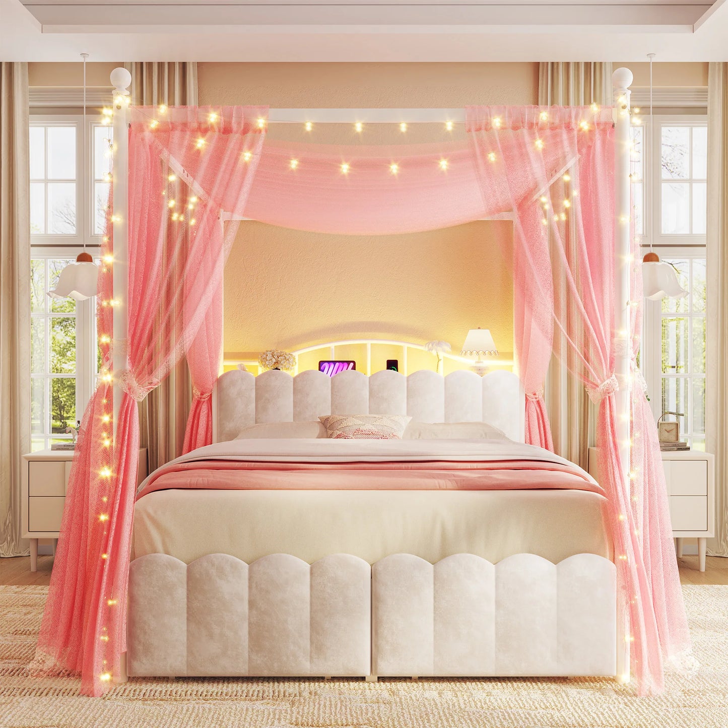 EnHomee Canopy Bed Frame With Storage Headboard And Charging Station