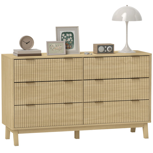 Fluted Modern Bedroom Dresser With Six Wooden Storage Drawers
