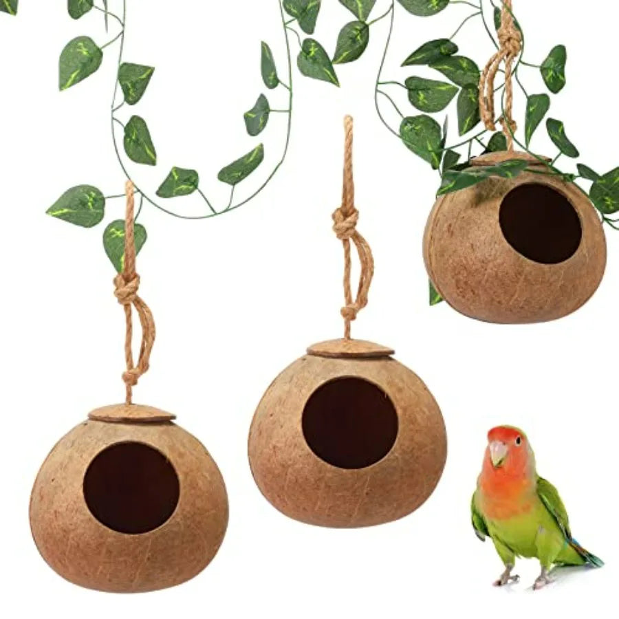 Coconut Bird Nest Hut Hanging Bird House 3 Pack Vines