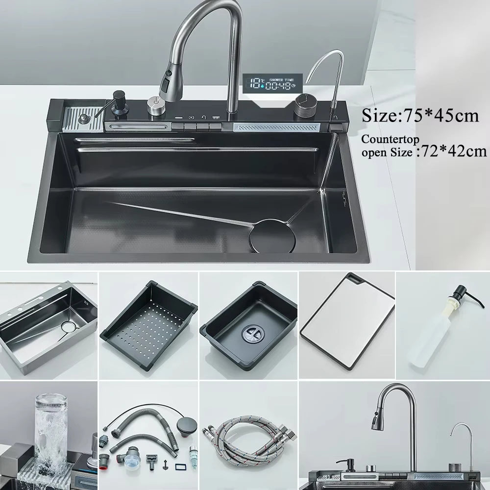MYQualife 304 Stainless Steel Waterfall Kitchen Sink With Digital Faucet