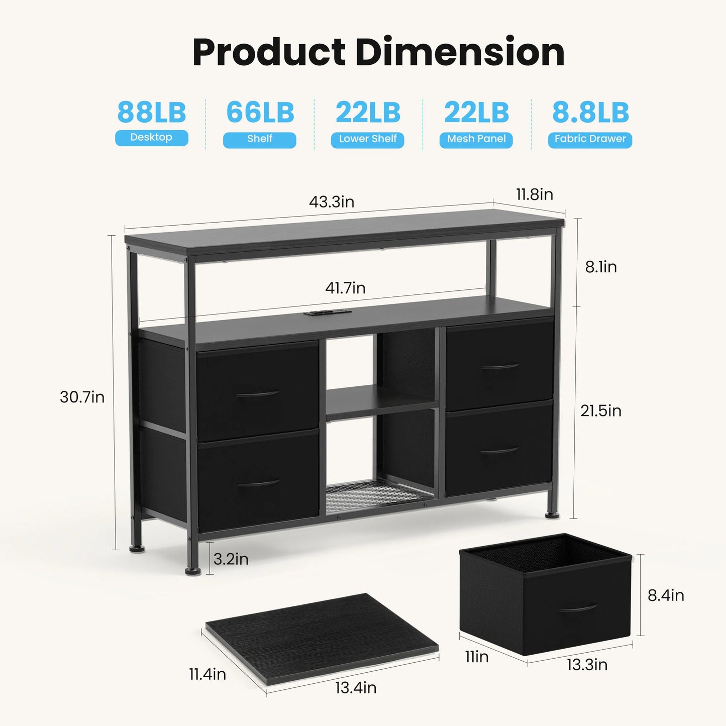 JHK 4-Drawer TV Stand With LED Lights And Power Outlets