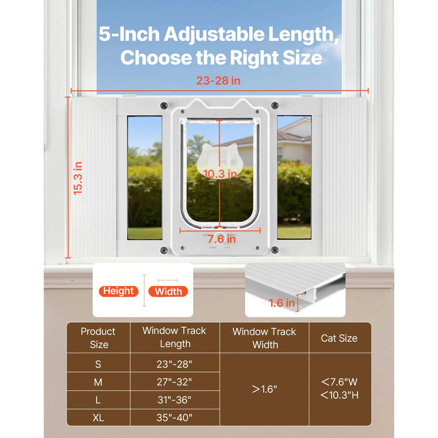 Cat Door For Window Adjustable With Magnetic Lock Closure