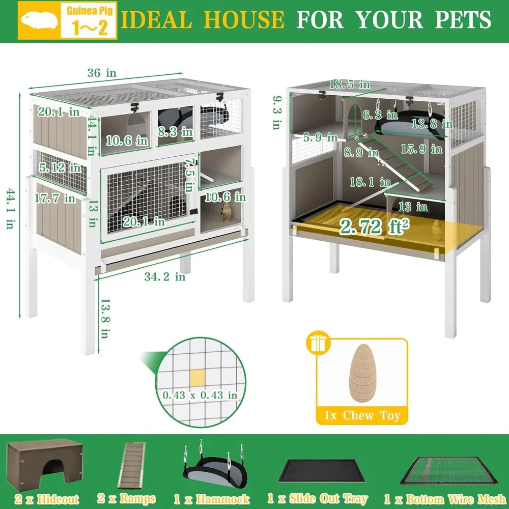 Three-Story Wooden Small Animal Cage With Stand And Ramps