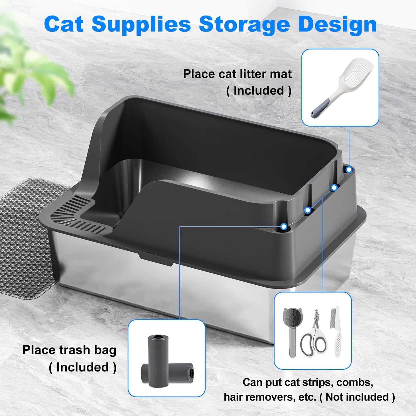 Stainless Steel Cat Litter Box Extra Large Splash-Proof Leak-Proof