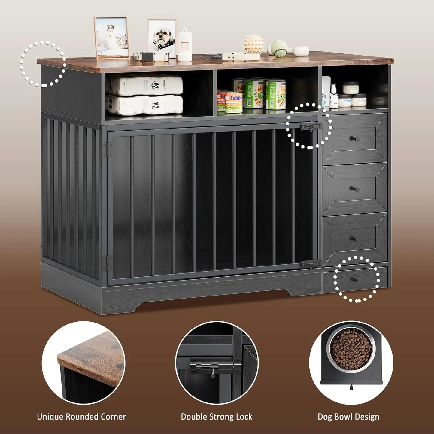 HiMISS Dog Crate Furniture With Bowl And Storage Drawers