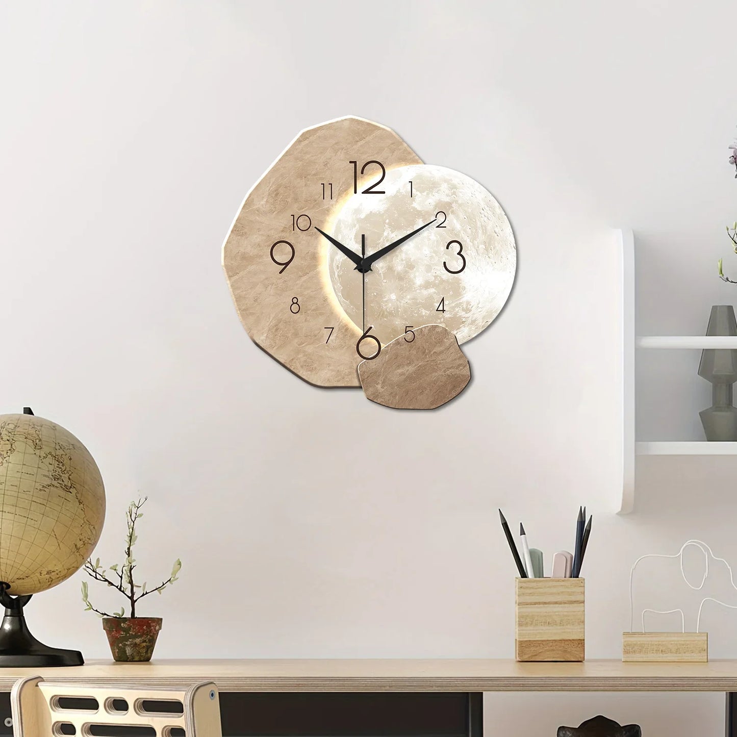 Modern Silent Moon Design Wooden Wall Clock With Quartz Movement