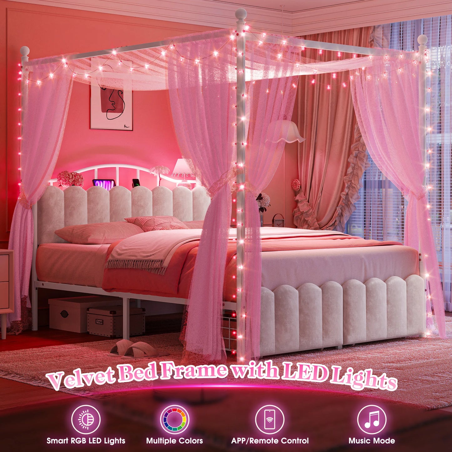 EnHomee Canopy Bed Frame With Storage Headboard And Charging Station