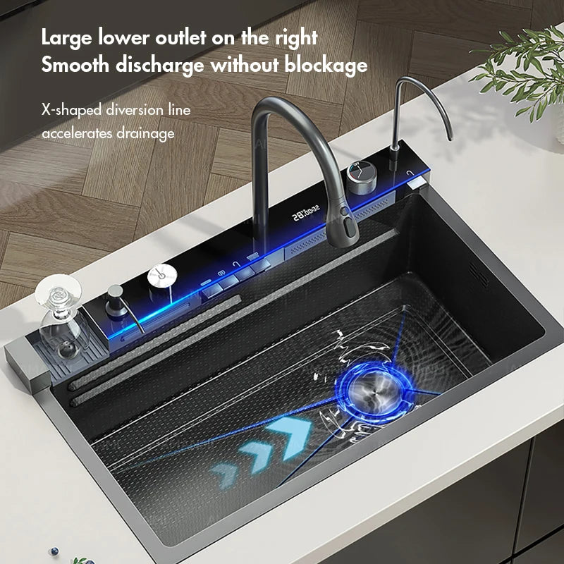 MYQualife 304 Stainless Steel Waterfall Kitchen Sink With Digital Faucet