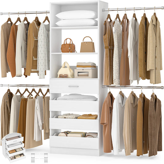 Aheaplus Wooden Closet Organizer With Drawers And Hanging Rods