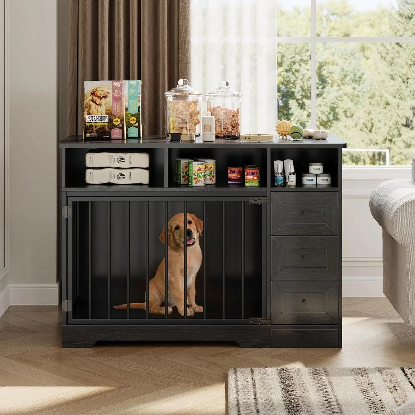 HiMISS Dog Crate Furniture With Bowl And Storage Drawers