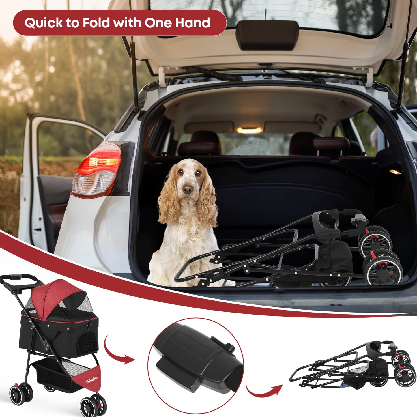 CHIHUAHUA Pet Stroller For Cats And Dogs Foldable Three Wheels Breathable Canopy