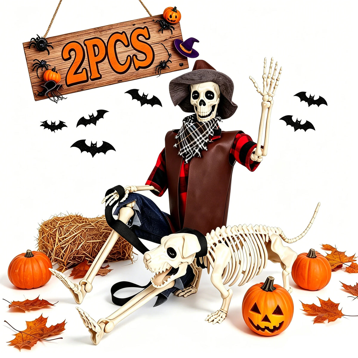 Western Cowboy Posable Skeleton Dog Set Halloween Outdoor Yard Decor