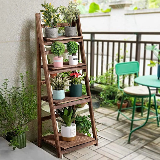 Four Tier Folding Wood Ladder Shelf Storage Unit