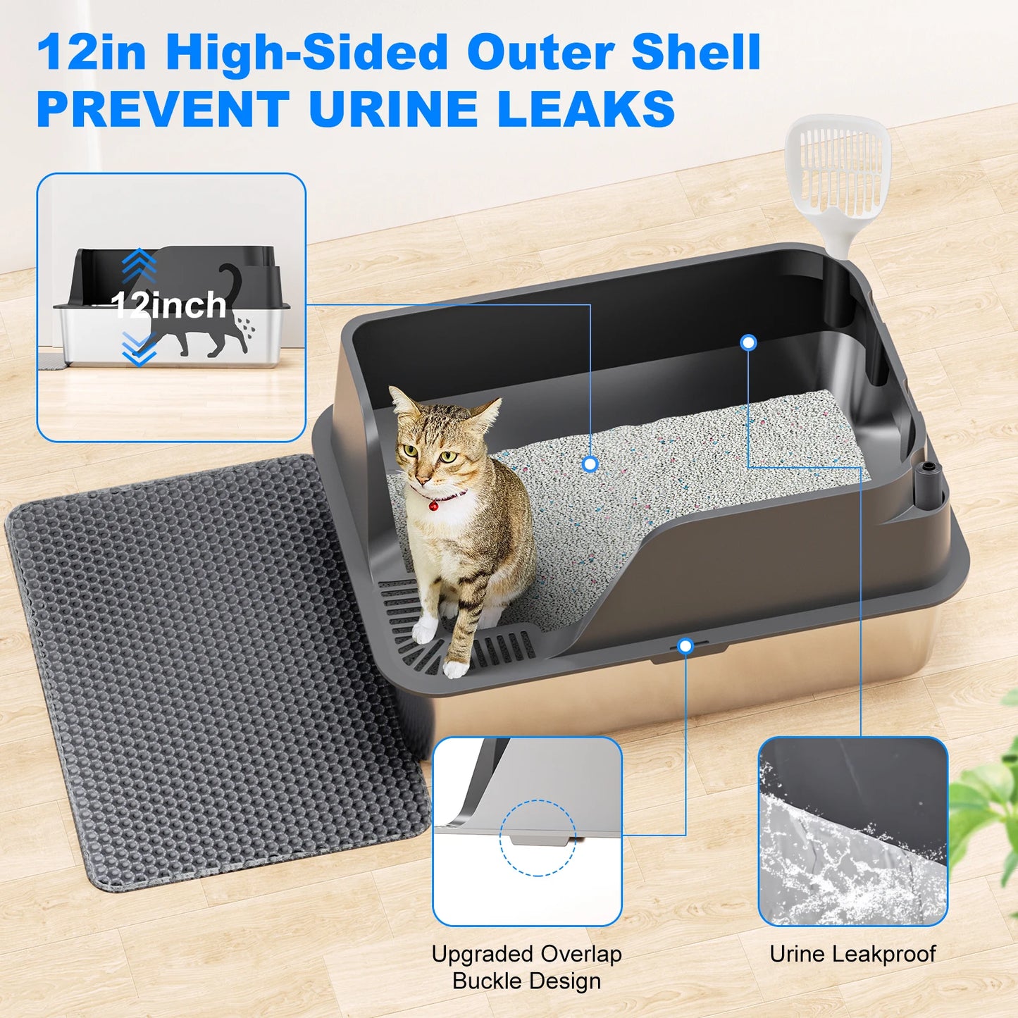 Stainless Steel Cat Litter Box Extra Large Splash-Proof Leak-Proof