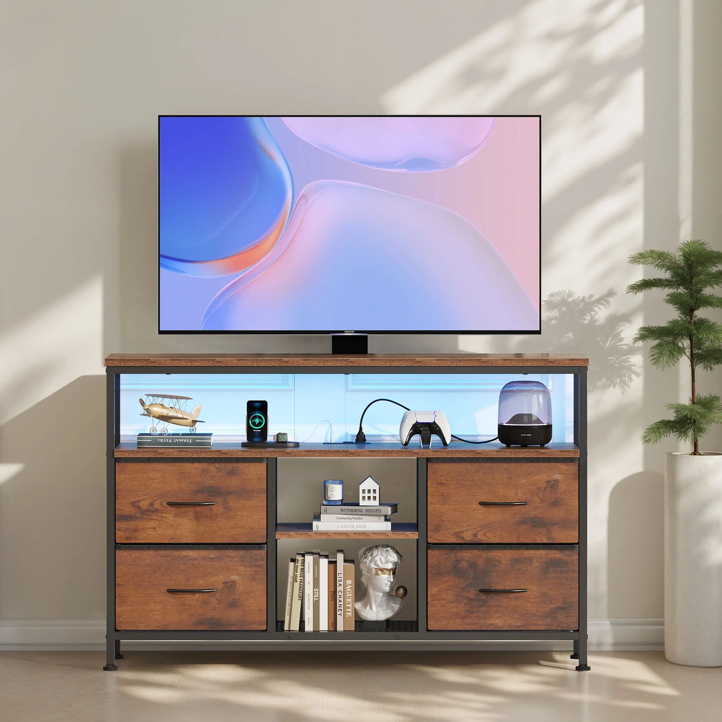 JHK 4-Drawer TV Stand With LED Lights And Power Outlets