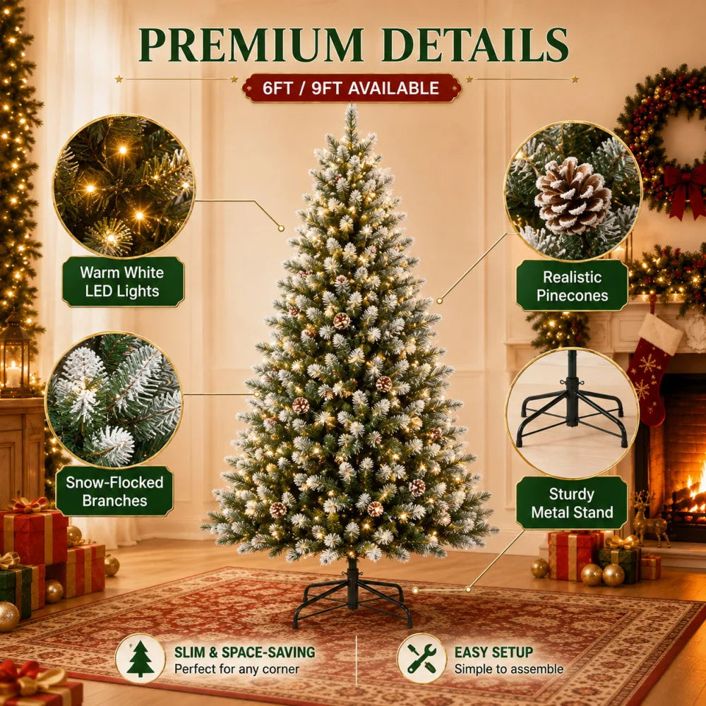 ANIXOL Pre-Lit Flocked Artificial Christmas Tree With Warm White Lights