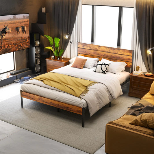 JHK Metal Platform Bed Frame With Headboard And Wooden Slats