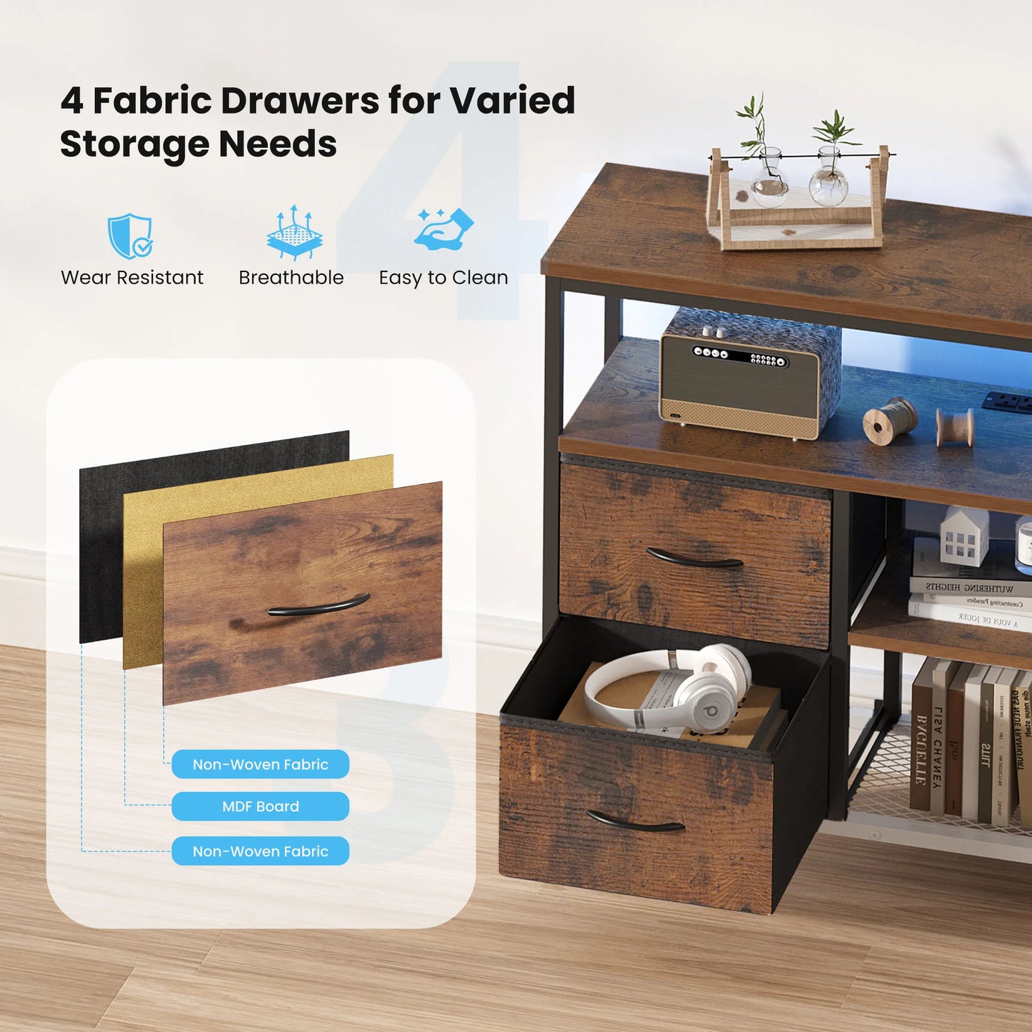 JHK 4-Drawer TV Stand With LED Lights And Power Outlets