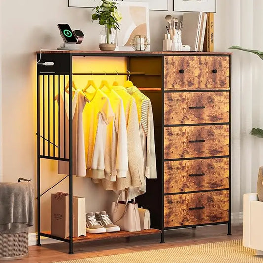 HiMISS Bedroom Wardrobe Six Drawers LED Lighting And Charging Station