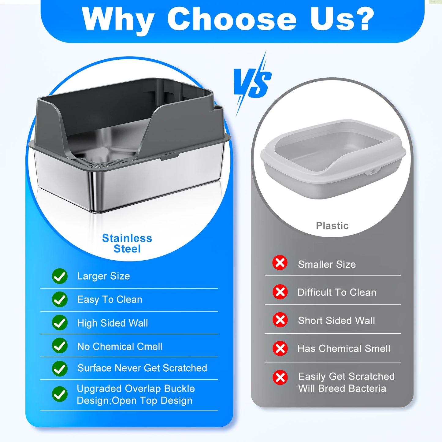 Stainless Steel Cat Litter Box Extra Large Splash-Proof Leak-Proof