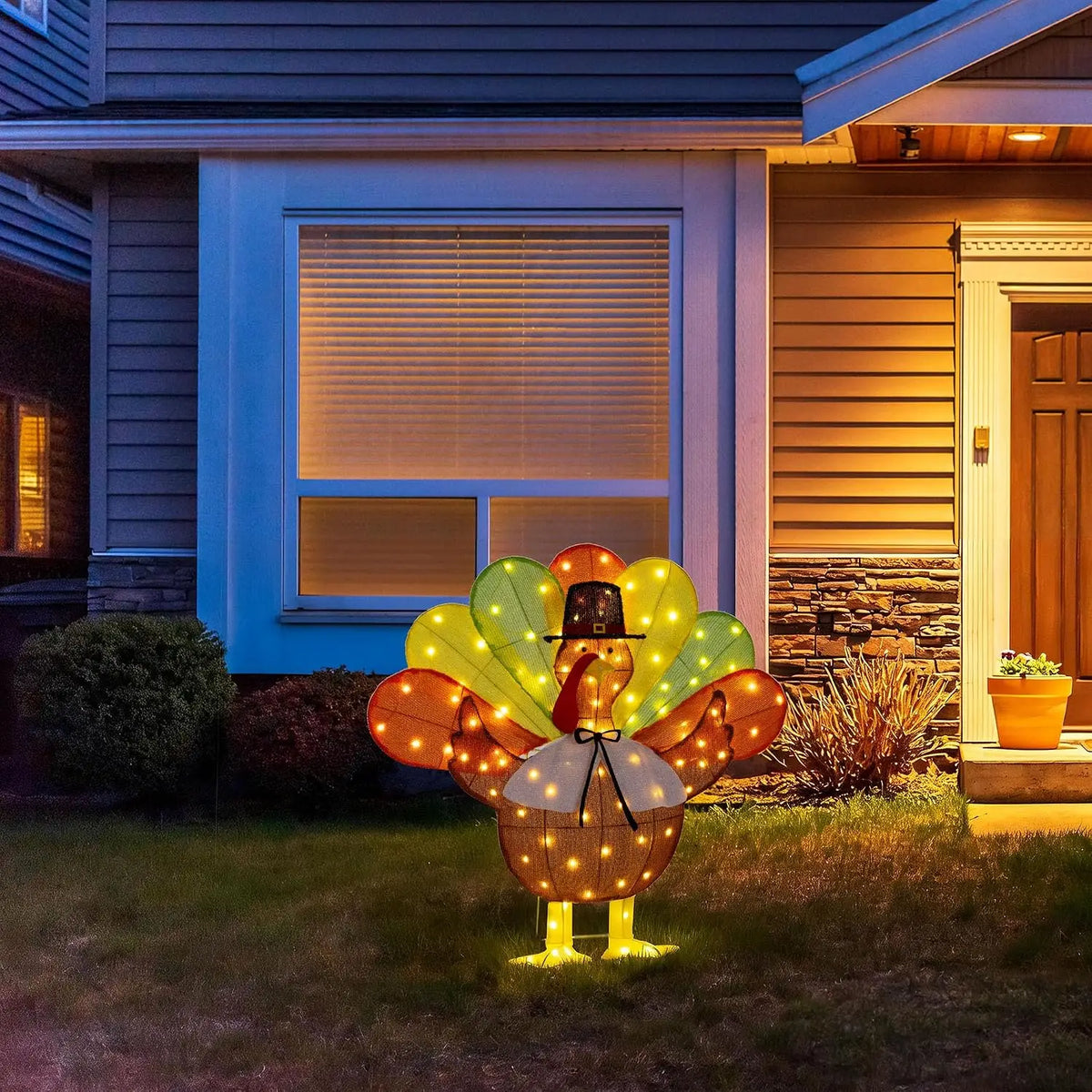 SHXI LED Thanksgiving Turkey Ornament Display Featuring Pilgrim Hat Details