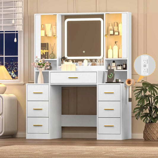 Modern Vanity Desk With Lighted Mirror 7 Drawers Glass Cabinet