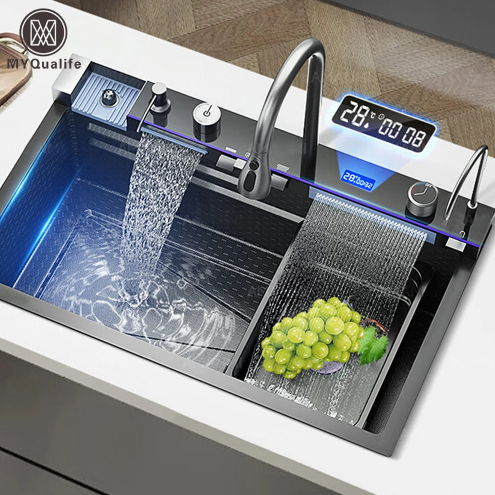 MYQualife 304 Stainless Steel Waterfall Kitchen Sink With Digital Faucet