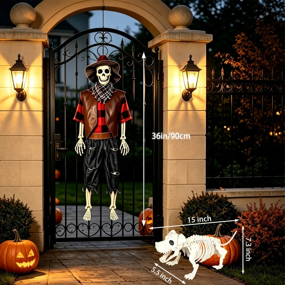 Western Cowboy Posable Skeleton Dog Set Halloween Outdoor Yard Decor