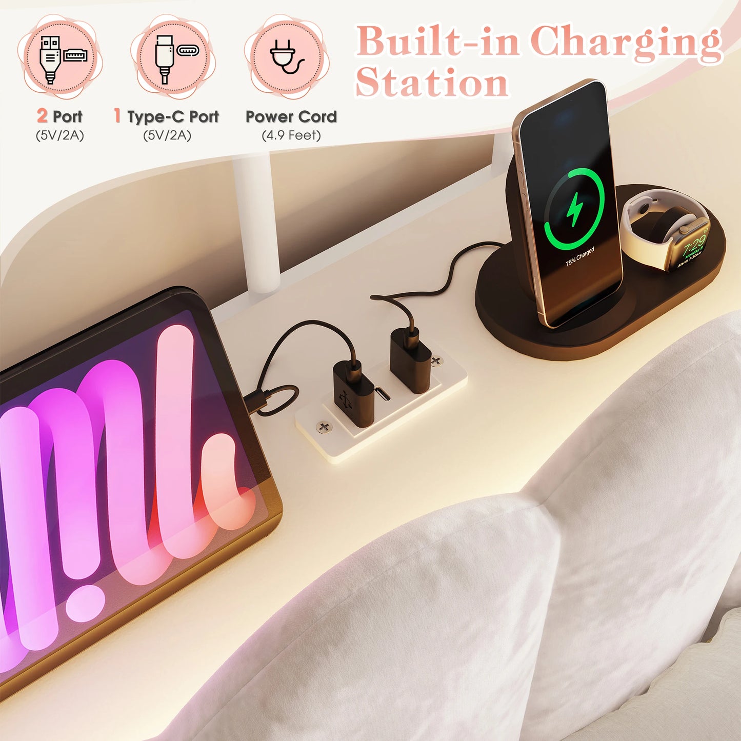 EnHomee Canopy Bed Frame With Storage Headboard And Charging Station